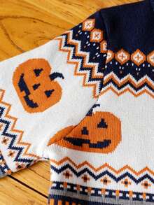Boys Cute Colorblock Ghost Pumpkin Head Pattern Stand Collar Long Sleeve Knit Cardigan Suitable For Halloween Spring Autumn Winter - Navy Blue - View 6