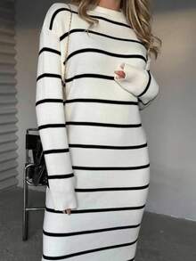 Women's Striped Long Sleeve Dress - White - View 2