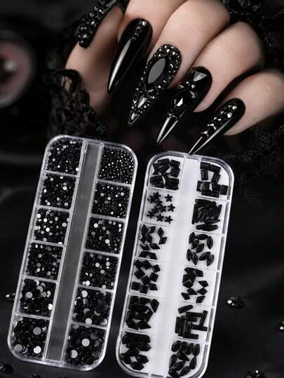 2052pcs Halloween Black Nail Art Rhinestone Set, 120 Assorted Shapes Flatback Crystals, 2 Boxes 3D Y2K Pure Black Flatback Rhinestones/2 Boxes Nail Jewelry/Faceted Half Round Rhinestone Nail Decor