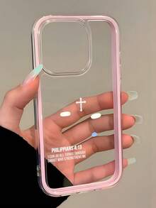 1pc Pink Frame Transparent Minimalist Lens Protection Anti-Drop Anti-Collision Simple Cross & English Letter Pattern Phone Case, Personalized Compatible With Iphone 16 Pro Max/17/16/15/14 Plus/13/12/11/Air And Series - Multicolor - View 1