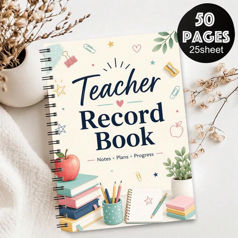1PC A5 Teacher Record Book Spiral Notebook, 50 Pages/25 Sheets, Book Apple Pencil Clip And Botanical Journal For Class Records, Lesson Plans, Progress Tracking And Teacher Gifts - A5 - View 1