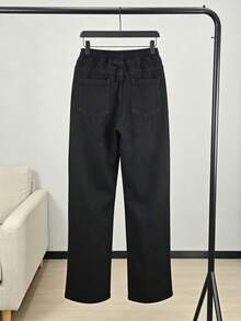 Pantalones vaqueros de corte amplio con cinturón elástico y cordón, bolsillos de trabajo amplios, tela suave lavada para disimular las piernas y favorecer la silueta casual diaria - Negro - Ver 4