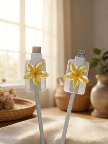 2PCS Gradient Floral Cable Protector, Transparent Soft Shell Anti-Bend Anti-Break, Resin Material, No Battery Required, Suitable For Type-C, 3D Plumeria Data Cable Protector, Summer Vibe Charging Accessory - 2 Yellow Frangipani - View 3