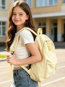 1pc Preppy Style Solid Color Casual Backpack, Multi-Pocket Lightweight School Day Bag With Adjustable Shoulder Straps, Suitable For Students/Girls/Teens/Young Adults, Perfect For Back To School, Campus Learning, Outdoor Camping, Short Weekend Trips And Daily Casual Outdoor Use - Yellow - View 6