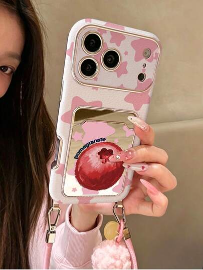 1pc Pink Star Pomegranate Mirror Print Card Slot Full Lens Protection Electroplated Frame PU Leather Phone Case With Bell Charm And Leather Wrist Strap, Spring Girl Best Friend Style, Suitable For IPhone18Pro/18ProMax/17/17Pro/17ProMax/16/16Pro/16Plus/16ProMax/15/15Pro/15ProMax/14/14Pro/14ProMax/13/13Pro/13ProMax, Daily Commute Outfit Bestseller Cute Style Halloween Phone Case