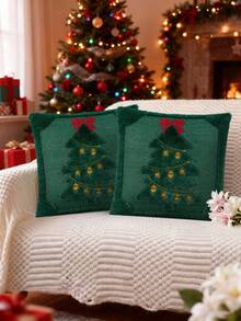 1 pieza/2 piezas Funda de almohada navideña, decoración de estrella amarilla y árbol de Navidad verde, funda de cojín de felpa suave de piel sintética jacquard con lazo rojo, adecuada para dormitorio, sofá, decoración del hogar en invierno y festividades, inserto de almohada no incluido - Verde - Ver 10