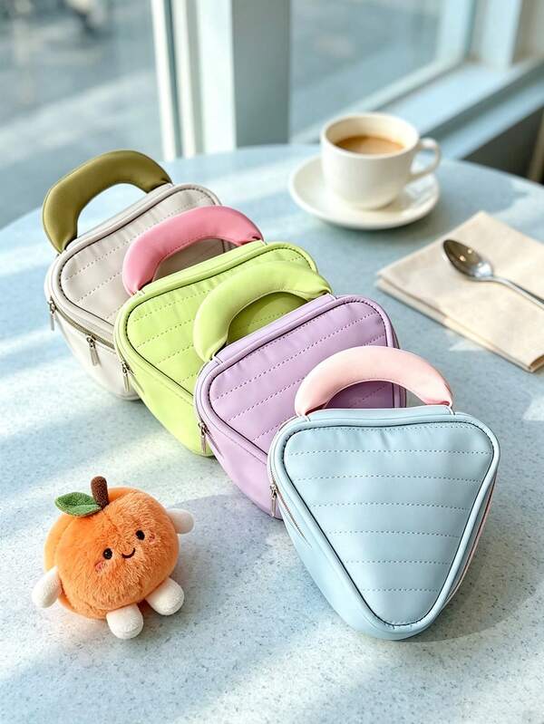 20/1pc Cute Sweet Style PU Leather Triangle Shaped Soft Handle Stitched Lightweight Portable Large Capacity Makeup Bag, Suitable For Carrying And Touch-Ups, Applicable For Travel, Daily Use, Weekend, Vacation, Also Can Be Given As A Birthday Gift