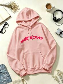 Streetwear Style Plus-Size Crew Neck Sweatshirt With "Withlove" Letter Print And Unique Slogan Pattern, Perfect For Vacations, Trips, And The Beach. - Flesh Pink - View 9