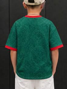 1 Stück Jungen American Football Trikot Kurzarm T-Shirt, mexikanischer Stil All-Over-Muster Totem-Emblem Kontrast Rot Saum Sport-Top, atmungsaktiv schnelltrocknend Fan T-Shirt, Streetwear Cool Style Lässig Outdoor Sport Kinderbekleidung - Grün - Übersicht 4