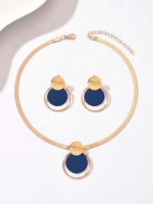 2pcs/Set Autumn/Winter Creative Personalized Necklace & Earring Jewelry Set For Women, Fashion Metal Style, Geometric Brushed Round Disc Hollow Circle Layered Pendant Necklace, Brown & Gold Contrast Color Design, Minimalist Elegant Style, Suitable For Spring, Daily, Party, Gathering, Middle Eastern Style, Wedding Season, Holiday Gift For Best Friend/Girlfriend - Royal Blue - View 3