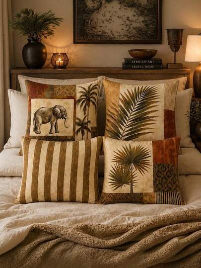4Pcs Retro Tropical Wilderness Elephant And Palm Leaf Cushion Covers, Patchwork Striped Jungle Print Cushion Covers, Bohemian Tropical Retro Country-Style Living Room And Bedroom Home Decor