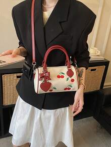 Niche Sweet Contrast Color Cherry Embroidered Boston Classic Pillow Bag With Hand Carry Handle And Adjustable Long Shoulder Strap, 3-In-1 Carrying Style: Handheld, Shoulder, Crossbody, Suitable For Light Travel, Shopping, Dating, Commuting And Outings - Red - View 5