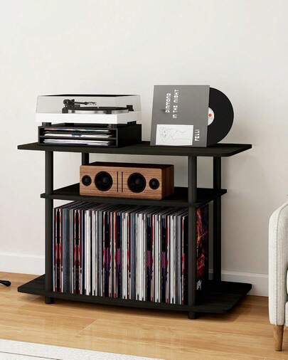 Small Record Player Stand, 3-Tier Record Player Table With Storage Media Table For Living Room Bedroom, Black