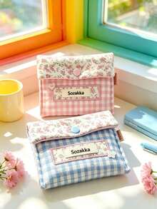 1pc Gingham Floral Fabric Sanitary Pad Storage Bag, Snap Button Closure Portable Period Pouch, Mini Travel Organizer For Student Girls, Hold Napkins Lipstick Small Accessories For Daily Outing Storage Bag - Multicolor - View 3
