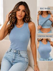 ChicMe Women's Built-In Padded Ribbed Tank Top, Round Neck, Sleeveless, Slim Fit, Casual Basic T-Shirt, Suitable For Work, Gatherings, Daily Street Wear - Dusty Blue - View 9