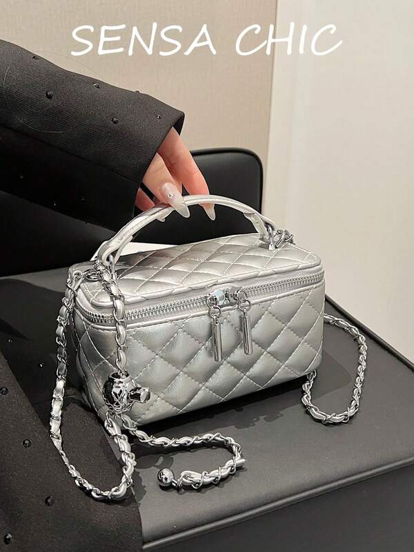 Diamond Quilted Metal Ball Chain Detail Handbag, Elegant Luxury Style Box Bag, Women's Date Party Travel Handbag, Crossbody Small Portable Bag, Atmospheric Outfit Accessory Bag