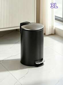 3L/5L Color Block Matte Black Metal Trash Can With Lid, Stainless Steel Foot Pedal Waste Bin, Large Capacity Round Wastebasket For Home Living Room Bedroom Bathroom Kitchen Office Storage - View 13