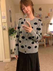 French Style Premium Grey Polka Dot Knit Cardigan Women Autumn/Winter Long Sleeve Thin Short Sweater Jacket Top Fall - Grey - View 3