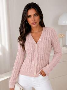 ChicMe Cardigan Rajut Kabel Berpayet Wanita, Leher V, Kancing Depan, Lengan Panjang, Sweater Modis, Pakaian Luar - Berwarna merah muda - View 1
