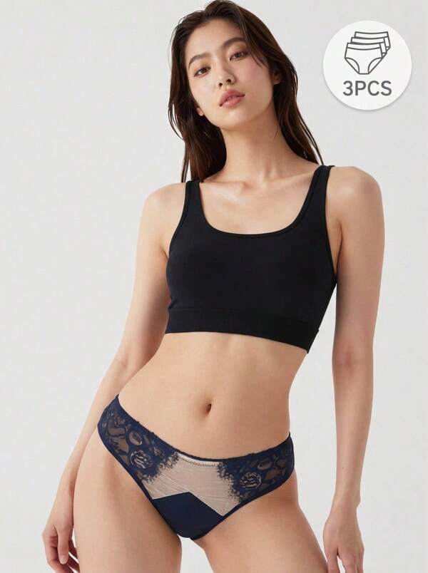 Mystèrelle 3pcs/Pack Women's Lace Patchwork Comfortable Triangle Panties