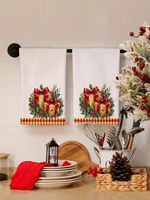 2pcs/4pcs Handuk Dapur Kotak Kado Natal Cat Air, Kotak Kado Pita Merah, Ranting Pinus Holly, Cetakan Buah Beri Merah, Pinggiran Pola Berlian Merah & Kuning, Handuk Tangan Liburan, Handuk Dekorasi Dapur dan Kue - MultiWarna - View 2