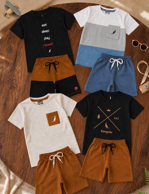 Kit 4 Peças 2 Conjunto Infantil Menino Verão em Algodão Confortável 2 Camisas 2 Shorts Sortido Roupa Infantil Bebê 1 2 3 4 6 8 10 12 Anos