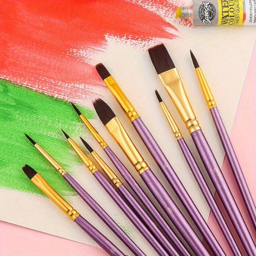 10pcs Multi-Function Nylon Bristle Art Paint Brush Set, Watercolor, Gouache, Liner Brushes - Sets - View 1