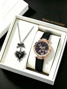 2Pcs/Set Sweet & Cool Style Women's Watch + Rhinestone Leather Strap Quartz Wristwatch, Holiday Birthday Gift Accessory, Suitable For Qixi, Valentine's Day, Christmas, Birthday Party, Anniversary, Thanksgiving Gift Giving. - Multicolor - View 3