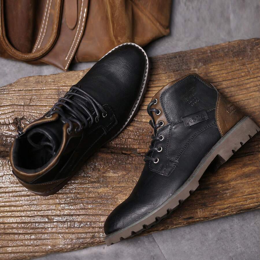 Mioeert 男士繫帶加厚中筒休閒登山靴,四季通用 - 黑色 - 查看 1