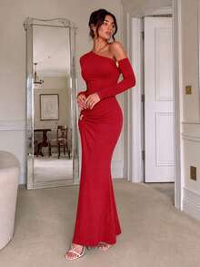 Women's Burgundy One Shoulder Maxi Dress Long Sleeve Bodycon Formal Evening Party Gown With Metal Detail- - Red - View 8