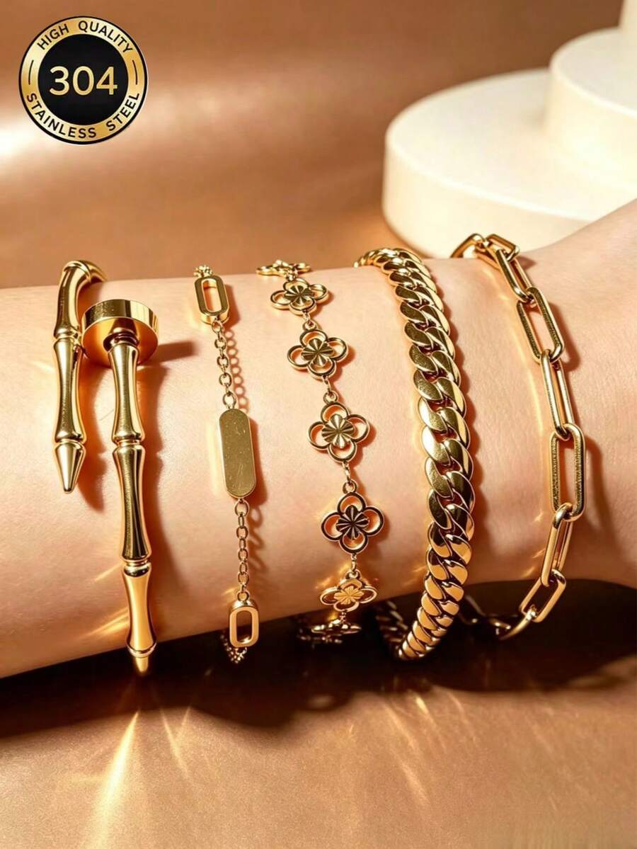 Luxury 18K Gold Plated Stainless Steel Bracelet 5-Piece Set, Bamboo Joint Open Bangle, Rectangular Pendant Thin Chain, Hollow Clover Bracelet, Cuban Thick Chain, Paperclip Chain, Non-Fading Women's Layered Jewelry Gift
