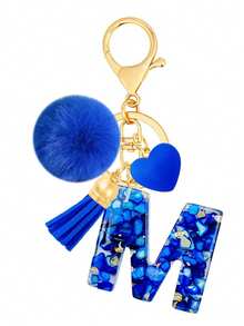 Cute A-Z Initial Keychain With Royal Blue Pom Pom, Heart And Tassel, Minimalist Personalized Key Chain For Women, Bag Charm, Daily Wear Accessory And Gift - Royal Blue - View 12