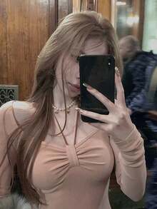 Kaos Lengan Panjang Model Halter Neck Slim Fit untuk Wanita Tercantik di Musim Gugur, Atasan Lapisan Dasar yang Menawan - Berwarna merah muda - View 2