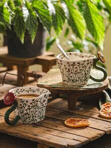DearDali 1pc Hand-Painted Vine & Floral Ceramic Mug With 3D Flower Handle And Wavy Rim, French Vintage Pastoral INS Style Coffee Cup For Tea, Latte, Milk, Juice, Home Afternoon Tea, Creative Holiday Gift - Multicolor - View 3