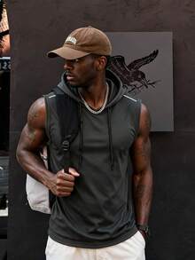 Regata Masculina com Capuz, Cor Sólida, Versátil para Verão, Casa/Casual/Ao Ar Livre/Esportes, Uso Diário Confortável, Colete Fitness - Chumbo - Visão 1