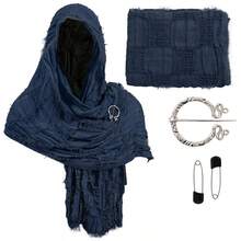 1pc Medieval Distressed Ripped Hooded Scarf Set, Vintage Viking Brooch Pin, Renaissance LARP Cosplay Halloween Headwrap For Men And Women - Multi-color - View 7