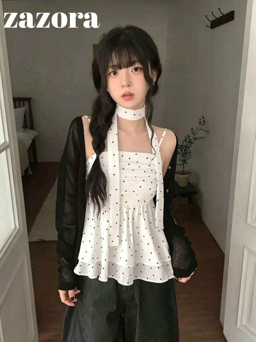 波點荷葉邊無袖上衣 甜美酷女孩細肩帶繫帶寬鬆背心 夏日休閒白色女裝 - 白色 - 查看 1