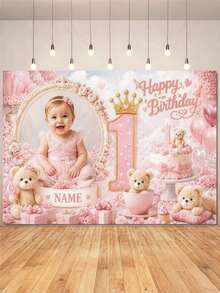 Customizable Photo & Name Pink Blue 1st Birthday Backdrop, Brown Teddy Bear, Gift Box, Bow, Floral, Cake, Heart Balloon Design, Cake Table Background, Vinyl, Party Supplies - Type C - View 4