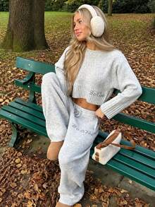Women's Solid Color Casual Short Knitted Sweater And Pants 2 Pieces Set, Autumn/Winter Fall - Dark Grey - View 2