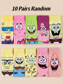 SpongeBob SquarePants 1/5/10雙隨機款 SquarePants 卡通中筒襪，適合街頭風與休閒穿搭，可愛校服與日常穿著 - 彩色 - 查看 8