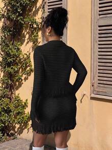 Fringe Trim Collared Knit 2 Pieces Set, Long Sleeve Button Front Crop Cardigan & Mini Skirt Outfit, Going Out Date Night Casual Daily Wear Black - Black - View 4