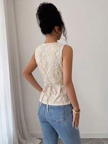 Women Summer Fall Beige Floral Embroidery Sleeveless Vest Top, Back To School, Daily Wear & Going Out - Khaki - View 2