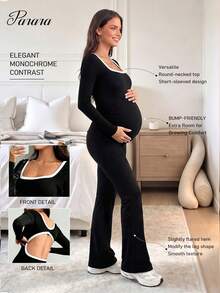 Parara Maternity Jumpsuit, Black Long Sleeve Square Neck Slim Fit Long Length Maternity Jumpsuit, Suitable For Autumn Wear. - Black - View 1
