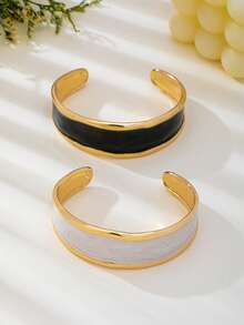 2pcs/1pc Fashion New Elegant High-End Casual Multi-Functional Zinc Alloy Material White+Black Oil Drip Women's Minimalist Geometric Wave Bracelet Set - Black and White - View 4