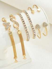 6pcs Women's Minimalist Personalized Metal Rhinestone Bracelet Set - Includes Butterfly, Heart And Infinity Symbol Elements, Multi-Layer Stacking Design, Suitable For Daily Wear, Party, Date And Other Occasions - Gold 6pcs Heart Bow - View 5