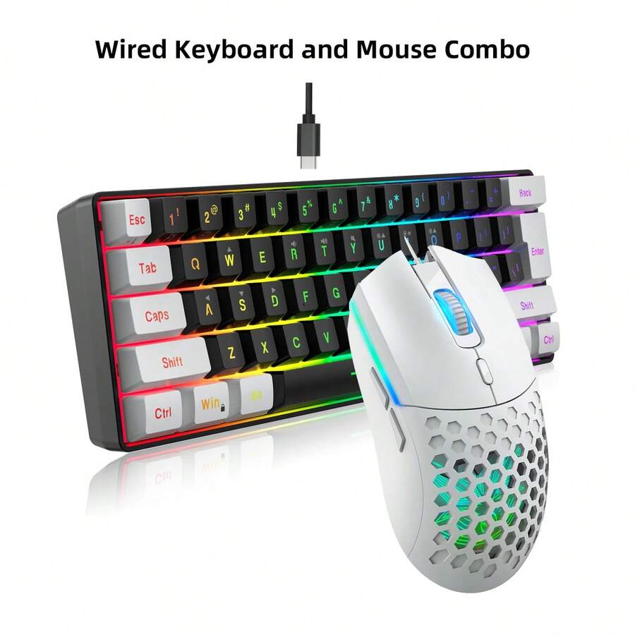 HXSJ Wired Keyboard And Mouse Combo, 61 Key Membrane Keyboard With Colorful Backlight, 6 Button Wired Optical Mouse, USB Plug And Play For Home Office Use - View 1