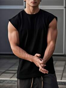 Men's Summer Casual Solid Color Round Neck Tank Top - Black - View 4