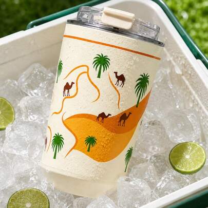 1pc 380ml/12.821oz Coconut Tree, Desert Camel Pattern Cup, Cold Insulation Cup, Stainless Steel WaterBottle, Vacuum Flask, Travel Mug, Fitness And OutdoorCup, Flat Bottom Cup, Car Cup, Coffee Mug, DirectDrinking, Saudi National Day Gift