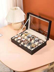 Kotak Penyimpanan Jam Tangan PU yang Dapat Dikunci dengan 1/2/3 Slot, Kacamata, Perhiasan, dan Organizer Jam Tangan - Grey - View 10