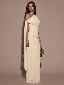 Summer Asymmetrical One Shoulder Dress Ruched Waist Slim Maxi Dress For Vacation & Date - Yellow - View 1
